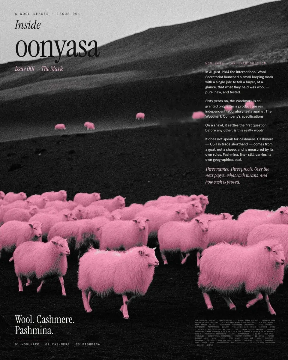 Inside oonyasa, Issue 001, The Mark: Woolmark, an introduction. Wool, Cashmere, Pashmina.