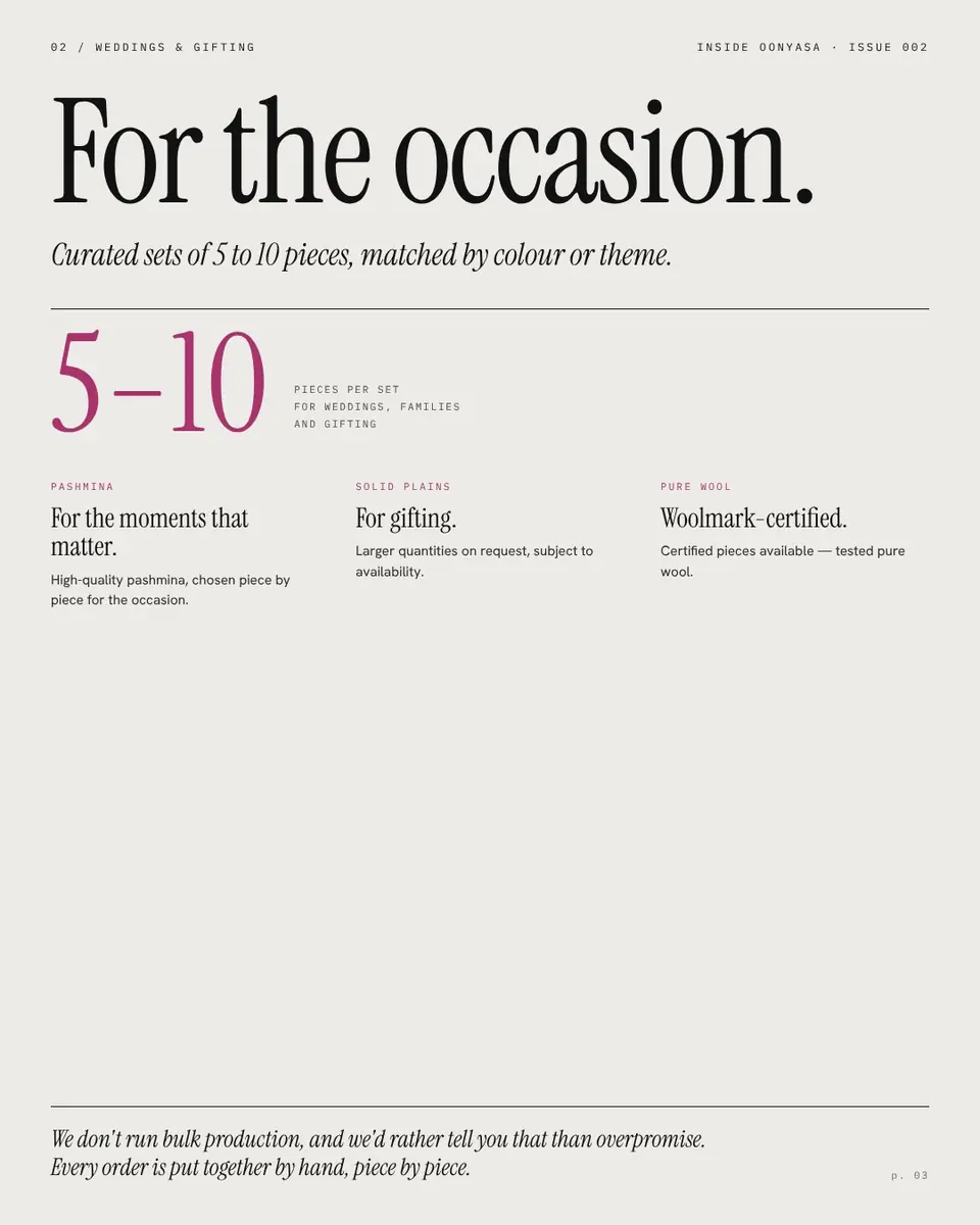 For the occasion: curated sets of 5 to 10 pieces for weddings, families and gifting.