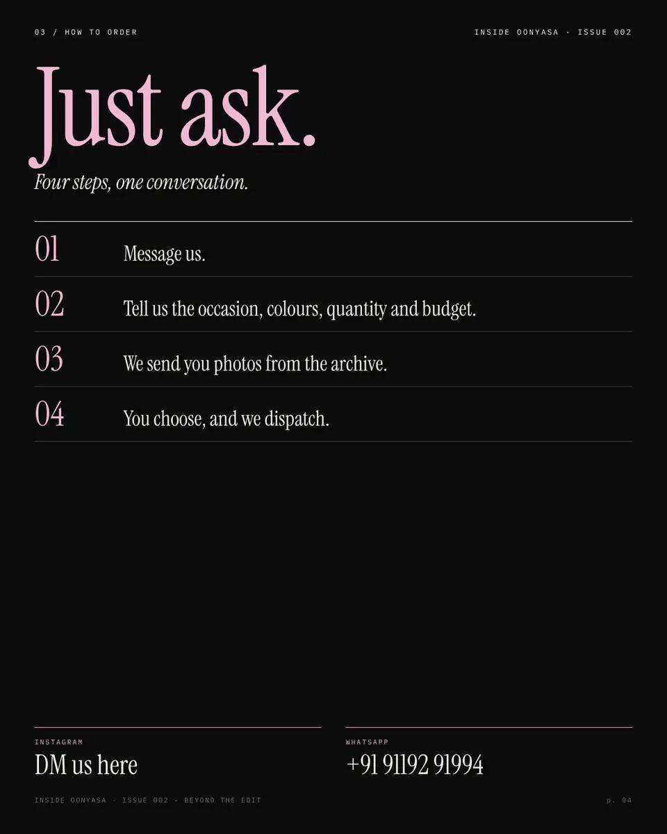 Just ask: how to order from oonyasa in four steps, on Instagram or WhatsApp.